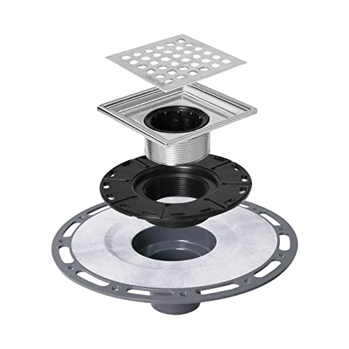 Neodrain 4 in Brushed Square Shower Drain with PVC Bonding Flange Base | 304 Stainless Steel Floor Drain with waterproof Fabric, Drain Grate Removable, Drain Key for Low Profile Shower Pan - color: Brushed, size: 4 inch with PVC base