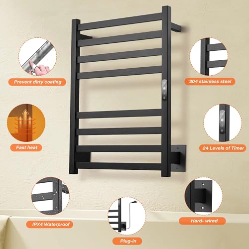 Towel Warmer Matte Black Heated Towel Rack for Bathroom | Electric Towel Dryer Rack with Temperature Control Plug-in/Hardwired heated towel rack with 304 stainless steel - color: Matte Black