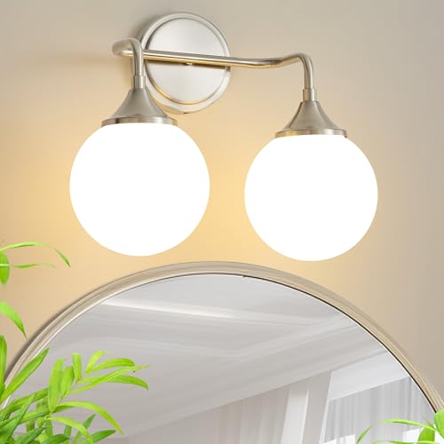 Brushed Nickel Bathroom Light Fixtures Over Mirror Vanity 2-Light | Mid Century Modern Brushed Nicke Wall Sconce with Milky White Glass Ball Shades for for Bathroom Dressing Table Bedroom - color: Brushed Nickel, size: 2-light