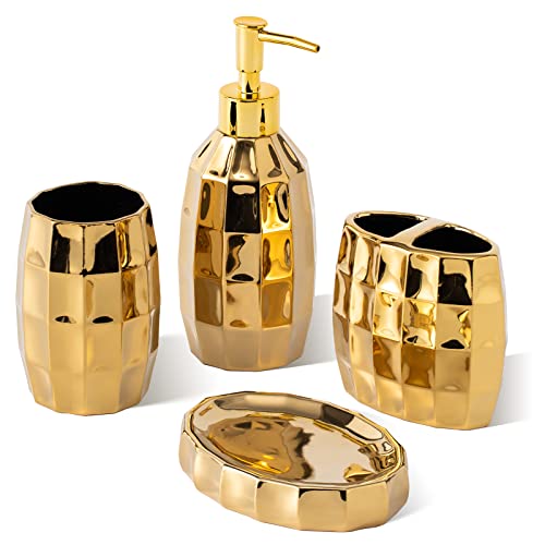 Bathroom Accessories Set, Golden Mosaic Ceramic Bathroom Accessory Sets Include Lotion Dispenser, Toothbrush Holder Tumbler, and Soap Dish - color: Gold 014