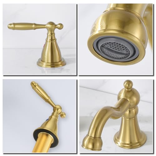 RKF Bathroom Faucets for Sink 3 Hole Gold 8 inch Widespread Bathroom Sink Faucet with Drain Double Lever Handle Faucet Bathroom Vanity Faucet Basin Mixer Tap WF013-BG - color: Gold