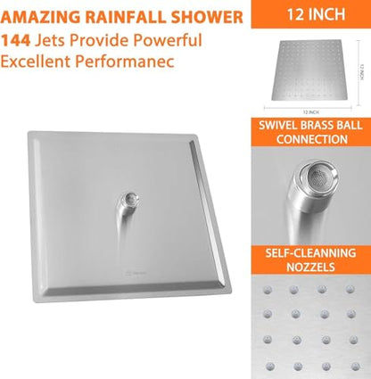 High Pressure Large Stainless Steel Square Rain ShowerHead With Shower Arm Waterfall Full Body Coverage Easy to Clean and Install (12 Inch With Arm, Brushed Nickel) - color: Brushed Nickel, size: 12 Inch With Arm