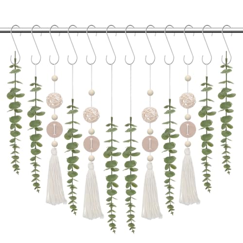 Set of 12 Boho Eucalyptus Shower Curtain Hooks Rings Rustic Farmhouse Decor Rustproof Metal Decorative Hanger Set for Home Bathroom Bedroom Baby Room Curtain Decor (Rattan) - style: Rattan