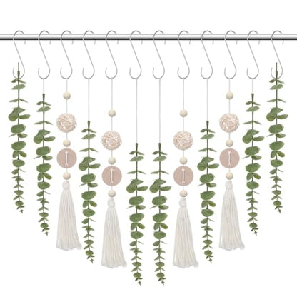 Set of 12 Boho Eucalyptus Shower Curtain Hooks Rings Rustic Farmhouse Decor Rustproof Metal Decorative Hanger Set for Home Bathroom Bedroom Baby Room Curtain Decor (Rattan) - style: Rattan