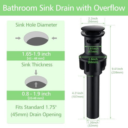Bathroom Sink Drain with Overflow,Matte Black Bathroom Sink Stopper | for Bathroom Vanity Vessel Sink, Rapid Draining Plastic Pop-up Sink Drain Anti-Clog Strainer,with Silicone Hair Catcher - color: Bathroom Sink Drain-matte Black