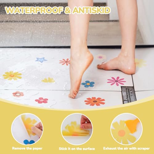 PRATIQUE Non Slip Bathtub Stickers, 6 Pages Flower Star Adhesive Kids Anti Slip Decal Threads for Shower Floor and Bath Tub Decals (Flower) - color: Flower