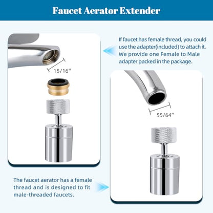 Hibbent NSF/ANSI/CAN 61 Certified Dual-function Faucet Aerator, CUPC Certification Big Angle Rotate Kitchen Sink Aerator 360 Degree Swivel Sink Sprayer Attachment-55/64 Inch Female Thread-Chrome - color: Chrome, style: Upgraded Aerator with 2 Swivel Joint