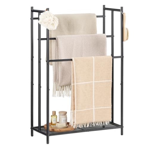 HOOBRO Free Standing Towel Rack for Bathroom, 25.2" L x 11.4" W x 39.4" H, 3-Tier Blanket Rack Stand with Bottom Mesh, Freestanding Quilt Stand with Adjustable Feet, Industrial Style, Black BK09LB01
