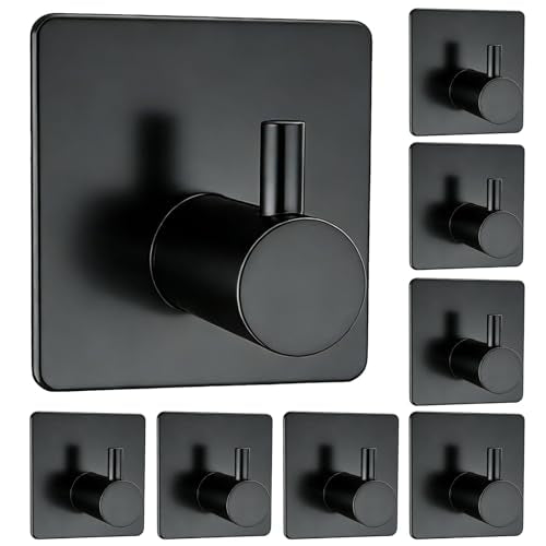 Adhesive Towel Hook 8Pack Matte Black, Modern Style Stainless Steel Wall Hooks Stick for Clothes, Hat, Towel Robe Hook Rack Wall Mount, Thicken Holder for Home Bathroom Kitchen