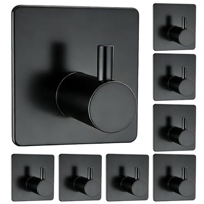 Adhesive Towel Hook 8Pack Matte Black, Modern Style Stainless Steel Wall Hooks Stick for Clothes, Hat, Towel Robe Hook Rack Wall Mount, Thicken Holder for Home Bathroom Kitchen