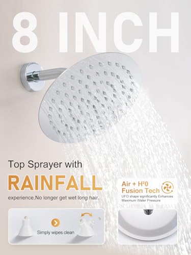 Woindo Shower Faucet Set 10" Rain Shower Head/8'' Side Shower Head and 3 Setting Handheld Ceiling Mount 3 Push Button Diverter Complete Rainfall Round Shower System Included Valve Trim Kit - color: Chrome Polished, style: 10"-R-Ceiling-02