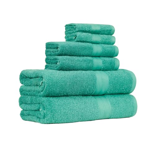 Amazon Basics 6-Piece Oversized Fade-Resistant Towel Set, 100% Cotton, Highly Absorbent, Soft, Teal, 2 Bath Towels, 2 Hand Towels, 2 Washcloths - color: Teal, size: 6-Piece Set, style: Classic