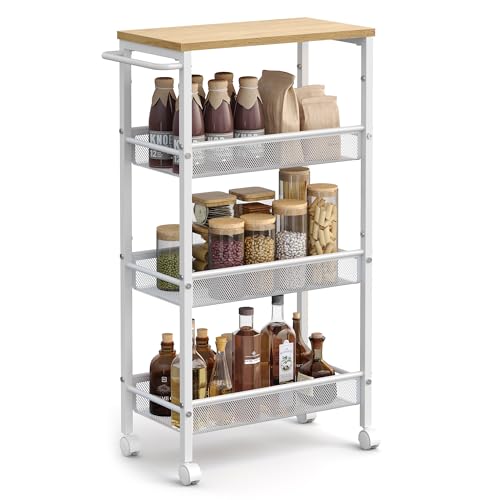 VASAGLE Slim Rolling Cart, 4-Tier, 8.7 Inches Deep, Steel Frame | Storage Cart with Handle, Narrow for Kitchen, Living Room, Golden Oak and Matte White, DACEY Collection ULRC033W09 - color: Oak Beige + Classic White, size: 4 Tiers (8.7"D x 30.3"H)