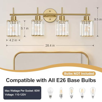 Brushed Gold Bathroom Light Fixtures, Square, 4-Light | Vanity Lights with Crystal Shades, Modern Bathroom Lighting Fixtures over Mirror (Bulbs Not Included, E26) - color: Brushed Gold (Square), size: 4-Light