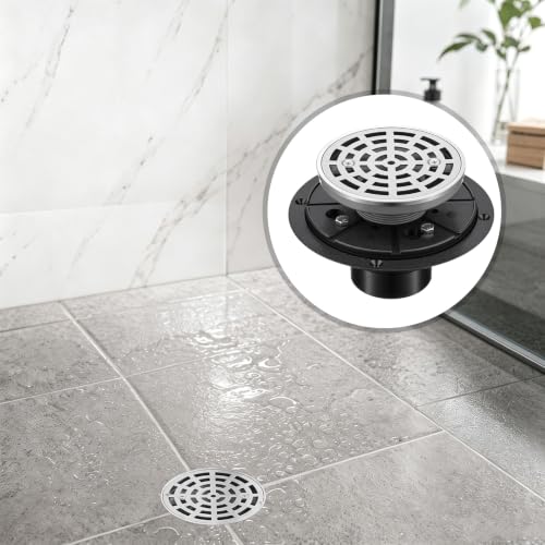 Lounsweer 2 Pack 4-1/4 Inch Round Shower Drain Brushed Nickel | Sus304 Stainless Steel with Removable Grid Grate Covers Adjustable PVC Base Flange for Bathroom Floor