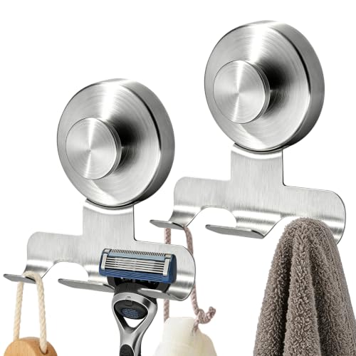 Shower Suction Razor Holder, Stainless Steel No-Drill Bathroom Hook | Reusable, Waterproof & Rustproof, Holds Up to 15 lbs – Fits Razors, Towels, Loofahs, Glass Doors & Tiles,Silver 2-Pack - color: Silver