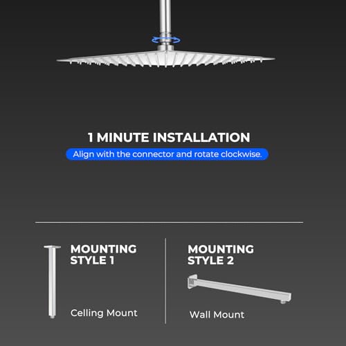 12 Inch Rain Shower Head, 12" Square Rainfall & High Pressure Stainless Steel Bath Shower Head, 1/16" Ultra Thin, Waterfall Full Body Coverage with Silicone Nozzle, Polished Chrome - color: Brushed Nickel, size: 12 Inch