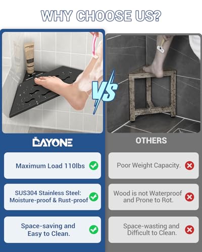 DAYONE Corner Foot Rest for Shaving Legs 10'' Black, Wall Mounted 304 Stainless Steel Footrest with Shaving Holder, Recessed Designed Foot Ledge for Bathroom Inside Shower