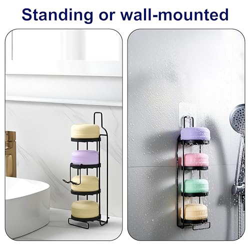 4 Tier Soap Dish for Shower, Wall Mounted Bar Soap Holder with Caddy Adhesive, Self Adhesive & Freestanding Draining, for Storage of Shampoo Bar, Razor, No Drilling, Black, 1Pack