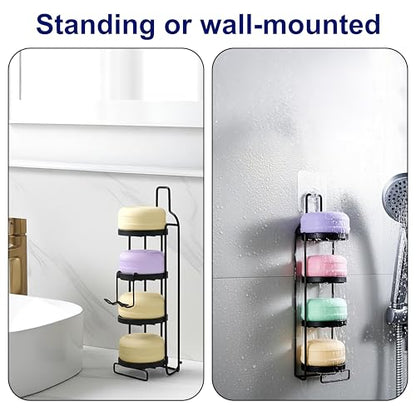 4 Tier Soap Dish for Shower, Wall Mounted Bar Soap Holder with Caddy Adhesive, Self Adhesive & Freestanding Draining, for Storage of Shampoo Bar, Razor, No Drilling, Black, 1Pack