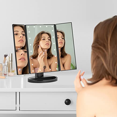 Lighted Makeup Mirror, 1-3X Magnifying Trifold LED Vanity Mirror | Vanity Mirror with Lights, 21 Bright LED Lights, Touch Control Dimmable Brightness, 180 ° Rotaion - color: Black