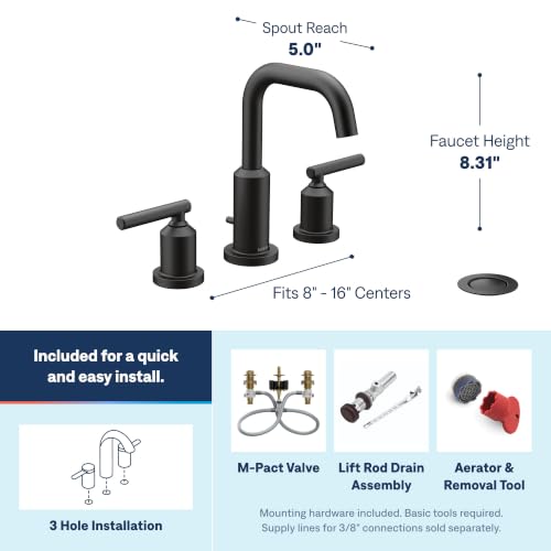Moen Gibson Two-Handle High Arc Widespread Modern Bathroom Sink Faucet for 3-Hole Setups with Valve Included, Matte Black, TV6142BL - color: Matte Black, style: Valve + Trim