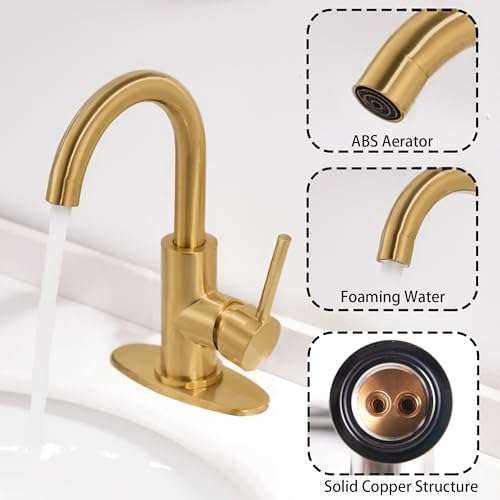 Gold Bathroom Faucets - Single Hole Waterfall Vanity Sink Faucet with Drain Assembly, Brushed Gold Waterfall Bathroom Faucets 360° Swivel Spout Vanity Faucet Single Handle Lavatory Faucets - color: Brass Gold