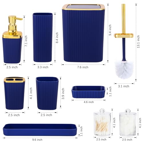 9 PCS Navyblue Bathroom Accessories Set with Trash Can Bathroom Accessory | All-in-One Kit with Trash Can,Toothbrush Holder,Soap Dispenser,Toothbrush Cup,Vanity Tray,Soap Dish,Toilet Brush etc for Home - color: Navy Blue