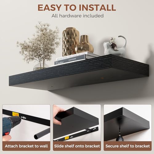Dreamland Black Floating Shelves 36 Inch Long,8 Inch Deep Floating Shelves,36" W x 8" D Wall Shelves for Bedroom,Living Room,Kitchen,Bathroom,Set of 2 - color: Black, size: 36 Inch