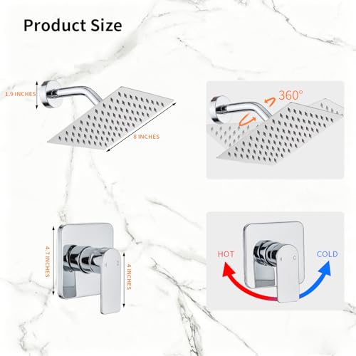Shower Faucet Single Function Trim Kit with Rough-in Valve Set Bath Rainfall Shower System 8inch Square Stainless Steel Metal Shower Head Polished Chrome - color: Polished Chrome