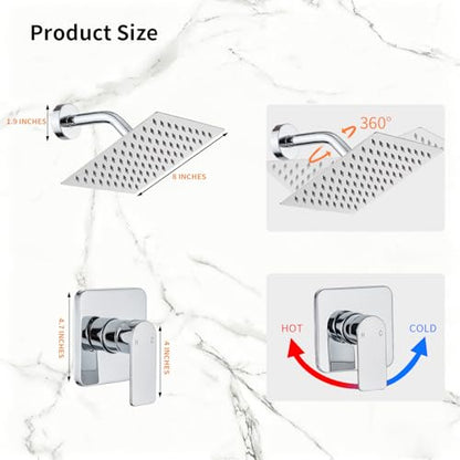 Shower Faucet Single Function Trim Kit with Rough-in Valve Set Bath Rainfall Shower System 8inch Square Stainless Steel Metal Shower Head Polished Chrome - color: Polished Chrome