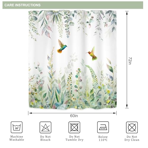 Sage Green Eucalyptus Spring Hummingbird Plants Bathroom Shower Curtain Set | 60"W x 72"H Botanical Emerald; waterproof HD print, quick-dry fabric with 12 free hooks for easy hanging. - color: A-sage Green, size: 60"W x 72"L (Pack of 1)