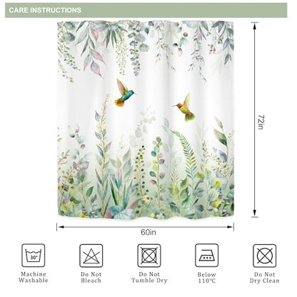 Sage Green Eucalyptus Spring Hummingbird Plants Bathroom Shower Curtain Set | 60"W x 72"H Botanical Emerald; waterproof HD print, quick-dry fabric with 12 free hooks for easy hanging. - color: A-sage Green, size: 60"W x 72"L (Pack of 1)