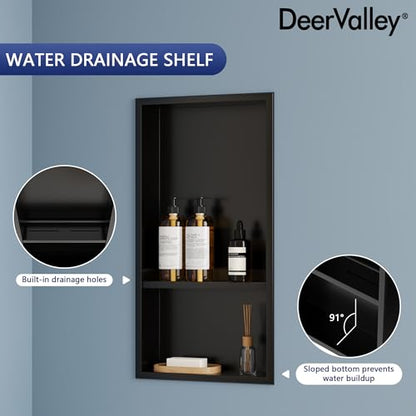 DeerValley Stainless Steel No Tile Needed Shower Niche for Bathroom Storage ，Recessed Wall Niche,Double Shelves(Matte Black, 12 * 24 in)