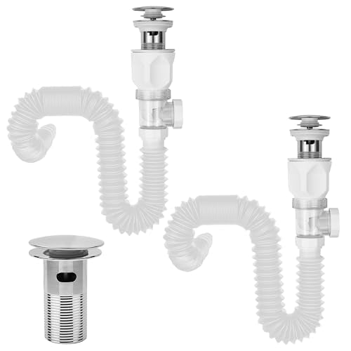 Bathroom White 2 Pack Sink Drain Kit, with Flexible Expandable P-Trap Sink Drain Pipe, Fits 1-1/4",1-1/2" and 2'' Drain Hole, Built-in Anti-Clogging Stopper, Anti-Odor With Overflow - color: White With Overflow, style: 2 Pack