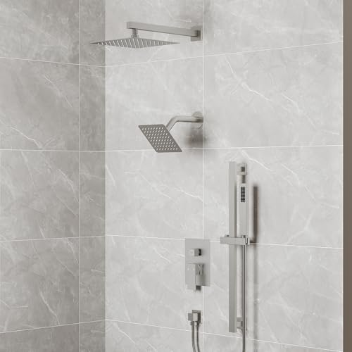 EVERSTEIN 10" High-Pressure Rainfall Shower Faucet with Handheld Spray, Wall Mount Dual Shower Head System with Slide Bar (Brushed Nickel) - color: Nickel, style: Wall Mount-with Slide Bar
