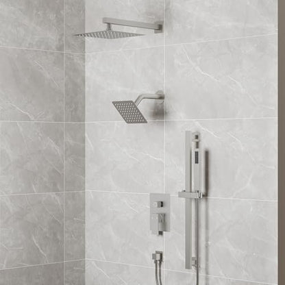 EVERSTEIN 10" High-Pressure Rainfall Shower Faucet with Handheld Spray, Wall Mount Dual Shower Head System with Slide Bar (Brushed Nickel) - color: Nickel, style: Wall Mount-with Slide Bar