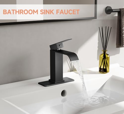 Matte Black Bathroom Faucets Evolvegoods Modern Waterfall Bathroom Faucet | Single Handle 1 or 3 Hole Bathroom Sink Faucet RV Mixer Tap Vanity Faucet with Deck Plate Pop-up Drain and Supply Lines - color: Matte Black
