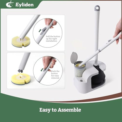 Eyliden Toilet Brush and Plunger Set, Disposable Wand Kit with 10 Refills | Pre-Soaked Concentrated Cleaner Sponge, Touch-Free, 2-in-1 Compact Holder, Powerful Suction Cup, Bathroom Cleaning System - color: White