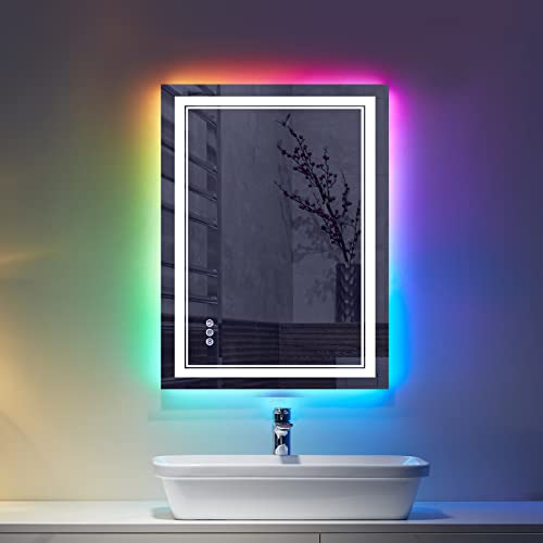 24x32 Inch RGB LED Bathroom Mirror with Lights | Front and RGB Backlit, Dimmable, Memory, Anti Fog, Shatterproof, Horizontal/Vertical, Lighted Mirrors for Bathroom Wall - color: Rgb Backlit, size: 24"L x 32"W