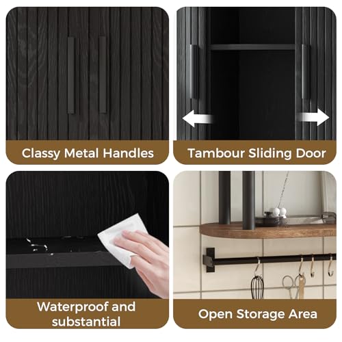 Fluted Bathroom Wall Cabinet, Wall Mounted Medicine Cabinet with Sliding Tambour Door & Adjustable Shelf, 3-Tier Over the Toilet Storage Cabinet for Laundry Room, Kitchen, Black - color: Black