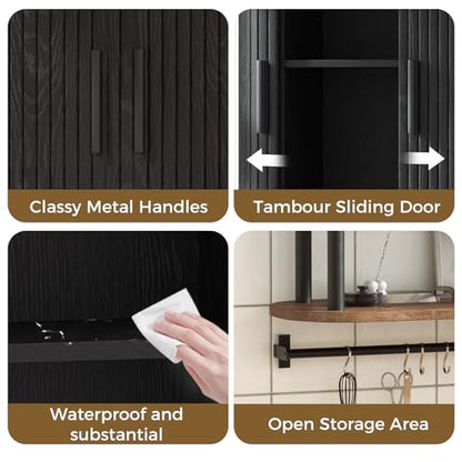 Fluted Bathroom Wall Cabinet, Wall Mounted Medicine Cabinet with Sliding Tambour Door & Adjustable Shelf, 3-Tier Over the Toilet Storage Cabinet for Laundry Room, Kitchen, Black - color: Black