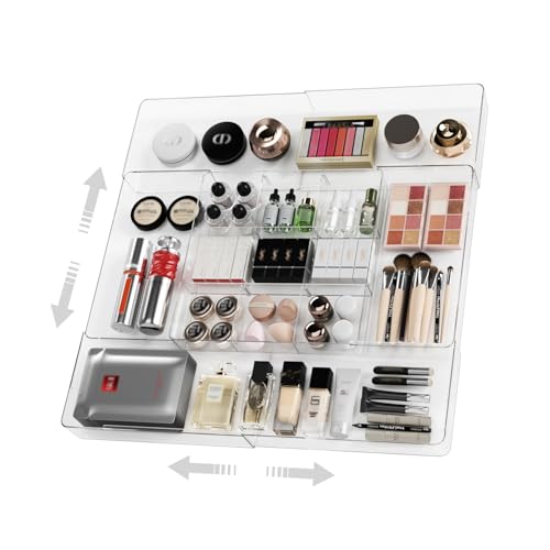 Expandable Makeup Drawer Organizer, Clear Silverware Drawer Organizer Tray. | Width (10.6"-20.1") Depth (11"-20.1") Height1.9", with 6 Removable Dividers, Great for Cosmetic,Utensils,Stationery,Office