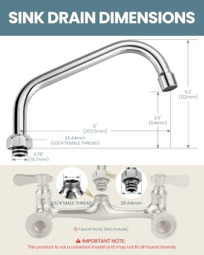 G3/4 Internal Thread 8" Commercial Faucet Swivel Spout Replacement - Chrome Polished Add-on Swing Nozzle for G3/4 Female Thread Commercial Kitchen Sink Faucet (1.8gpm/2.2gpm Aerator) - size: 8 Inch