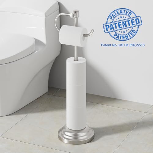 RUMOSE Toilet Paper Holder Stand for Floor, Brushed Nickel | Bathroom Free Standing Toilet Tissue Roll Holder with Storage, Adjustable 17-25 Inch, Rustproof, SUS304 Stainless Steel - color: Brushed Nickel