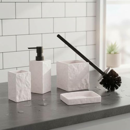 Collection Stone Effect Bath Accessory Set-4 Pieces, Resin, White | Soap Dispenser, Tumbler, and Toilet Brush Holder, Contemporary, Durable Construction, Bathroom Accessories Set, Easy to Clean - size: White