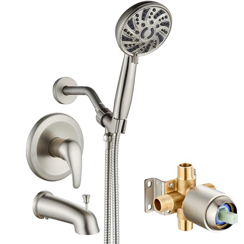 gotonovo Tub Shower Faucet Set with Valve 6 Mode Handheld Brushed Nickel | Bathtub Faucet Set,6 Mode ABS Handheld Spray,6.3’’ Metal Tub Spout,Brass Valve Trim Kit,Shower Head and Handle Kit,Wall Mount - color: Nickel