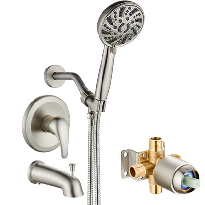 gotonovo Tub Shower Faucet Set with Valve 6 Mode Handheld Brushed Nickel | Bathtub Faucet Set,6 Mode ABS Handheld Spray,6.3’’ Metal Tub Spout,Brass Valve Trim Kit,Shower Head and Handle Kit,Wall Mount - color: Nickel