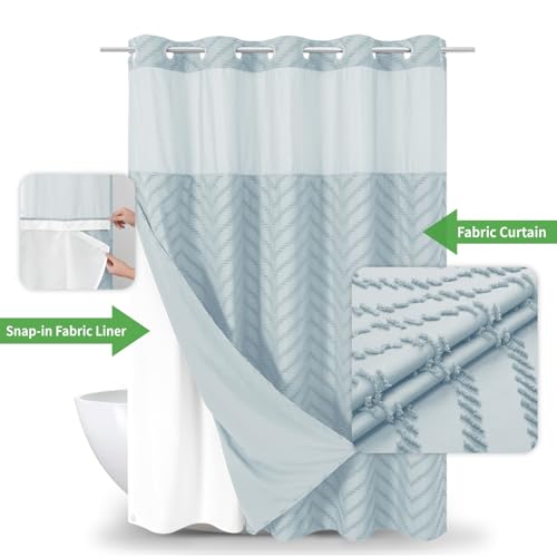 eachope No Hook Boho Farmhouse Shower Curtain with Snap-in Fabric Liner set-71Wx74H(72H),Tufted Chevron Striped Hotel Grade Cloth Shower Curtains for Bathroom with Window,Water Repellent,Fog Blue - color: Fog Blue, size: 71"W x 74"L (Pack of 1)