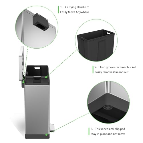SIMPLYKLEEN 40 Liter / 10.5 Gallon Kitchen Trash Can with Lid, Large Step Garbage Can, Soft-Close Trash Bin for Bathroom Office, Brushed Stainless Steel - color: Silver, size: 40L Rectangle 1PC